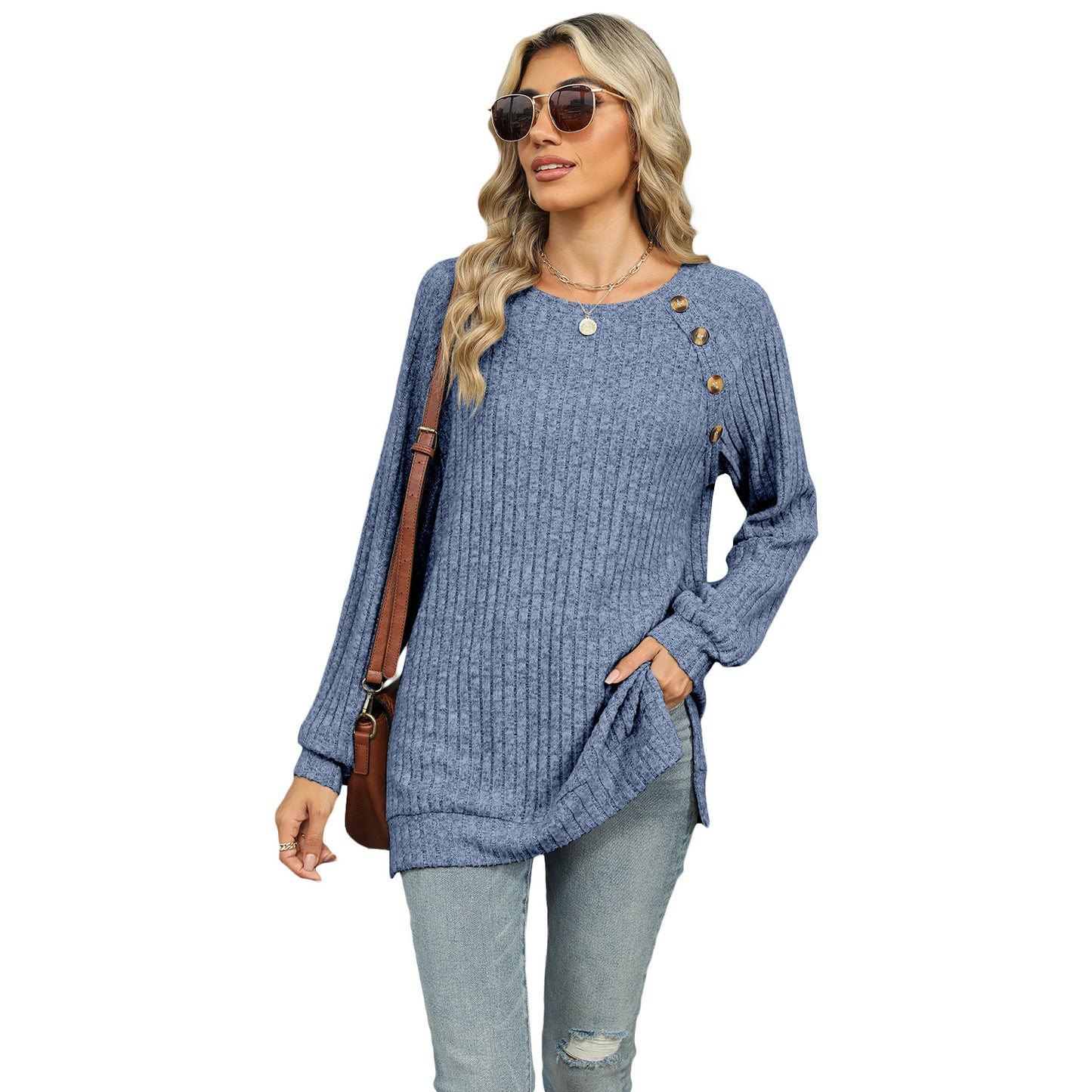 Women's 2024 autumn and winter New round neck raglan sleeve solid color T-shirt split top