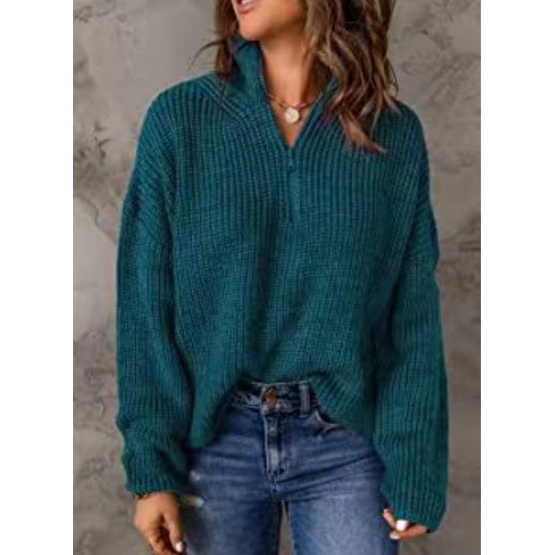 Autumn and winter sweater half-open collar solid color zipper pullover fashion women's knitted blouse
