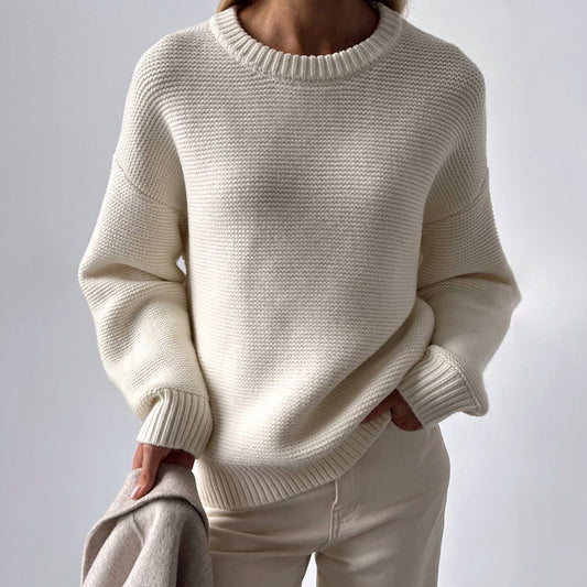 Women's round neck knitted top autumn and winter simplicity lazy pullover white round neck sweater