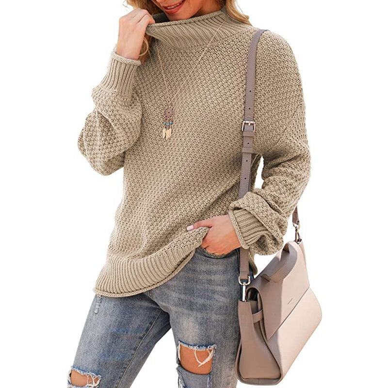 Women's sweater half turtleneck large size sweater bat long sleeve pullover loose solid color sweater