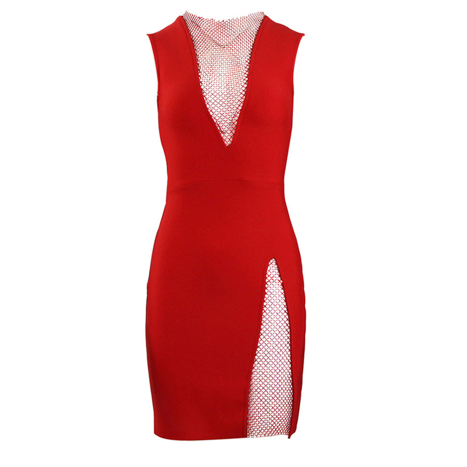 Net Drill V-Neck Sexy Sleeveless See-Through Slim Bandage Dress
