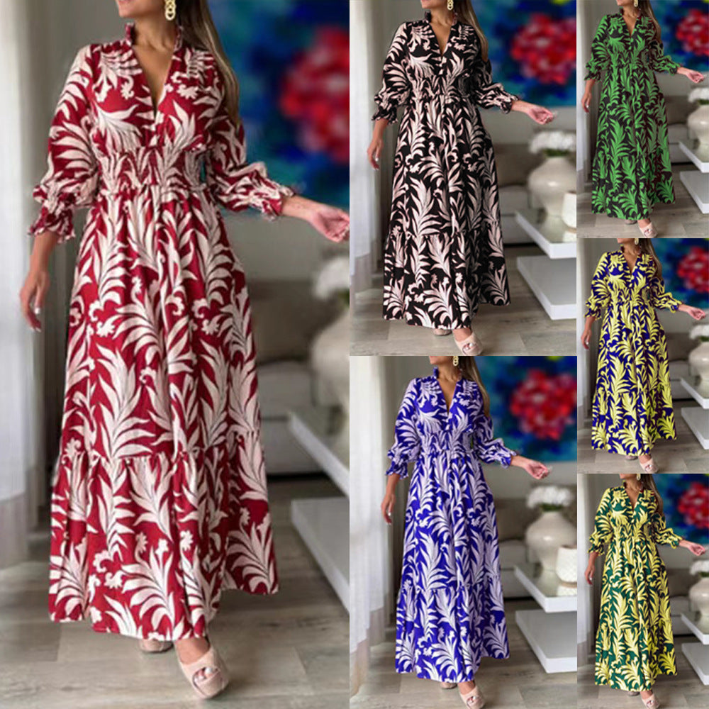 New long dress, waist pullover, bohemian print long-sleeved big swing dress.