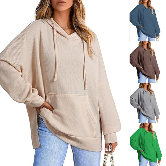 Women's hoodie waffle knitted side slit pullover sweater with pocket long sleeve