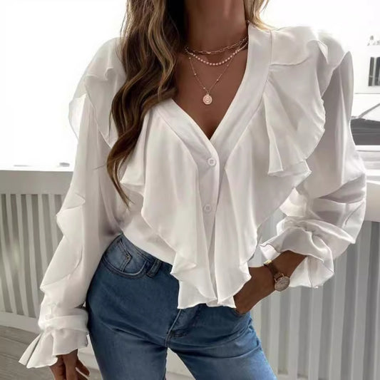 Spring and Autumn women's V-neck flounce top shirt long sleeve