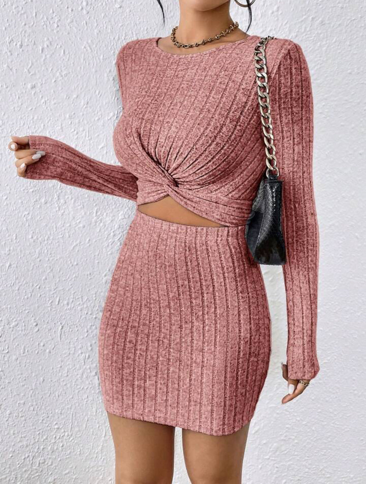 Women's round neck solid color long sleeve irregular knitting suit skirt