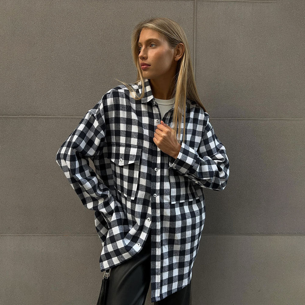 Plaid Shirt women's autumn retro double pocket striped mid-length shirt