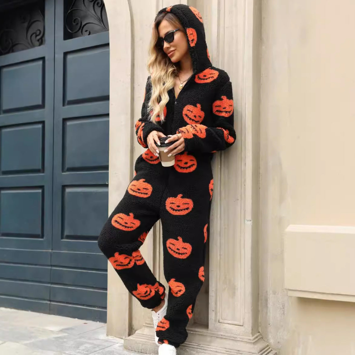 Women's autumn and winter New Halloween pumpkin print loose zip plush jumpsuit