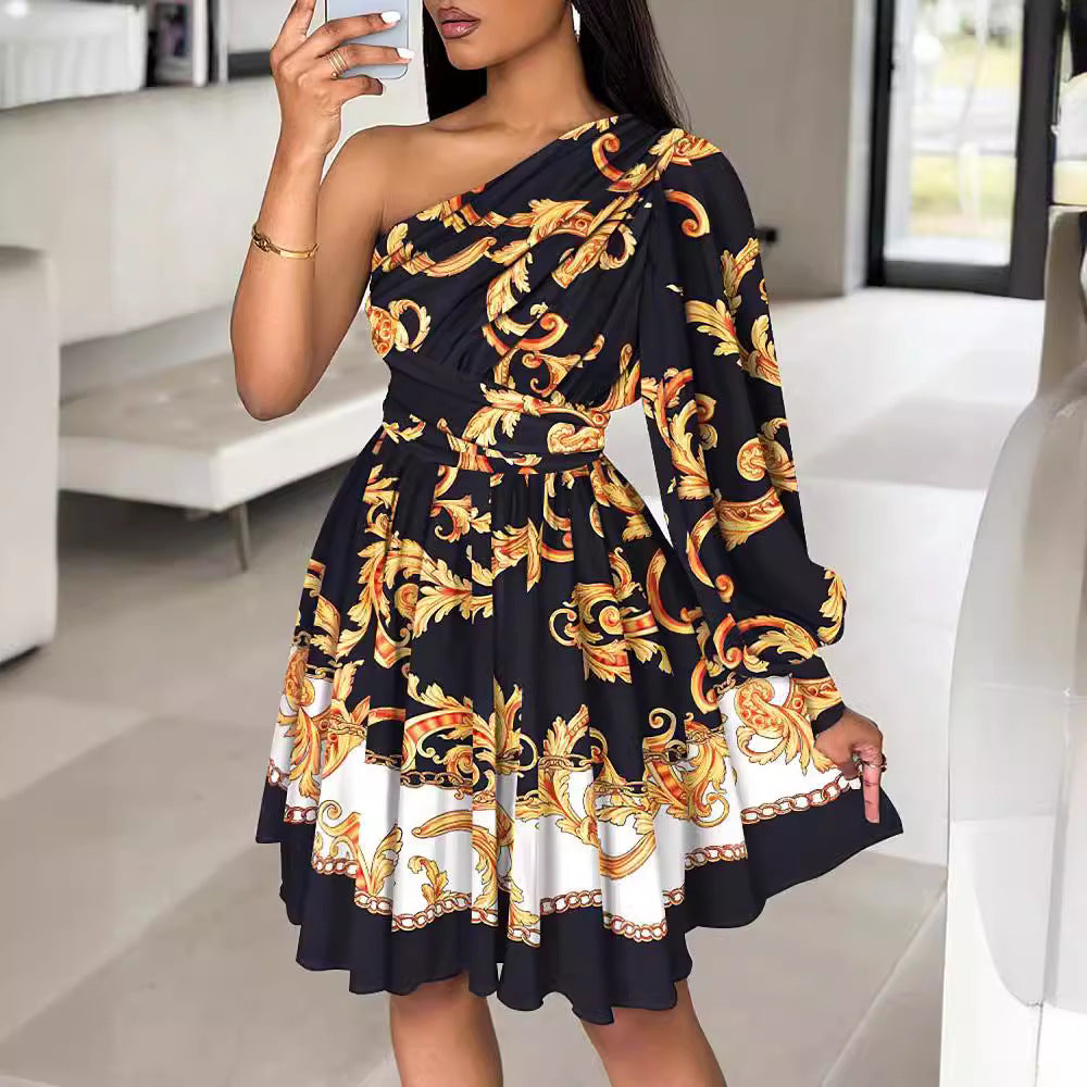 Bohemian print slanted shoulder long-sleeved mid-dress dress