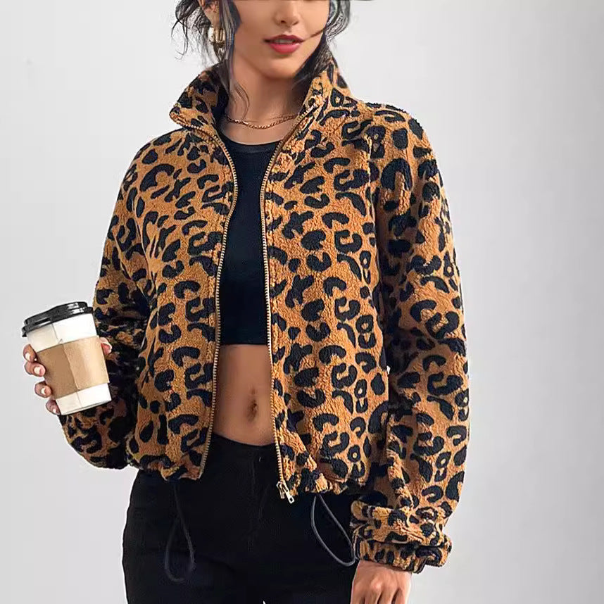 Autumn and winter New loose cardigan zipper leopard print plush coat