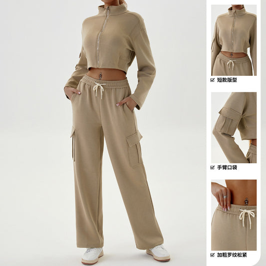 Autumn and winter women's tooling casual sports suit loose zipper jogging yoga suit