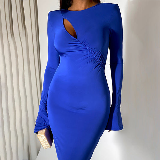 Sexy fashion long sleeve round neck stitching ruffle bell sleeve sheath slim fit long dress