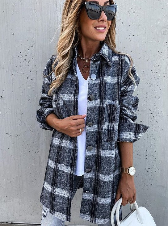 Women's autumn and winter loose casual retro plaid long sleeve shirt coat