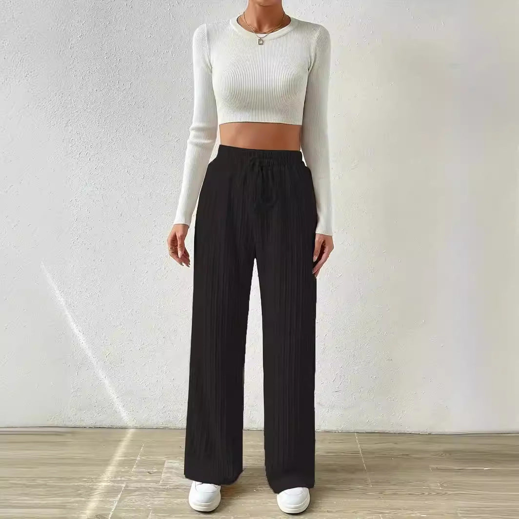 Knot Waist texture knitted wide leg trousers elastic high waist pure color casual baggy straight trousers Women's