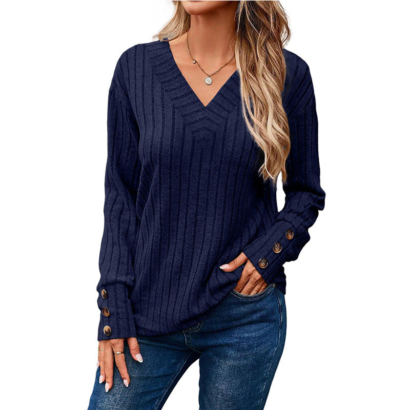 2024 autumn and winter women's long sleeve V-neck shirt solid color buttons T-shirt