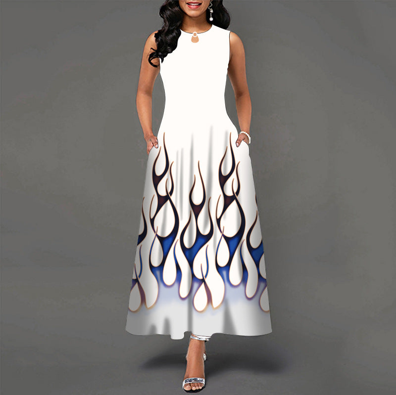 Sleeveless long dress female positioning print big swing skirt bohemian retro long skirt