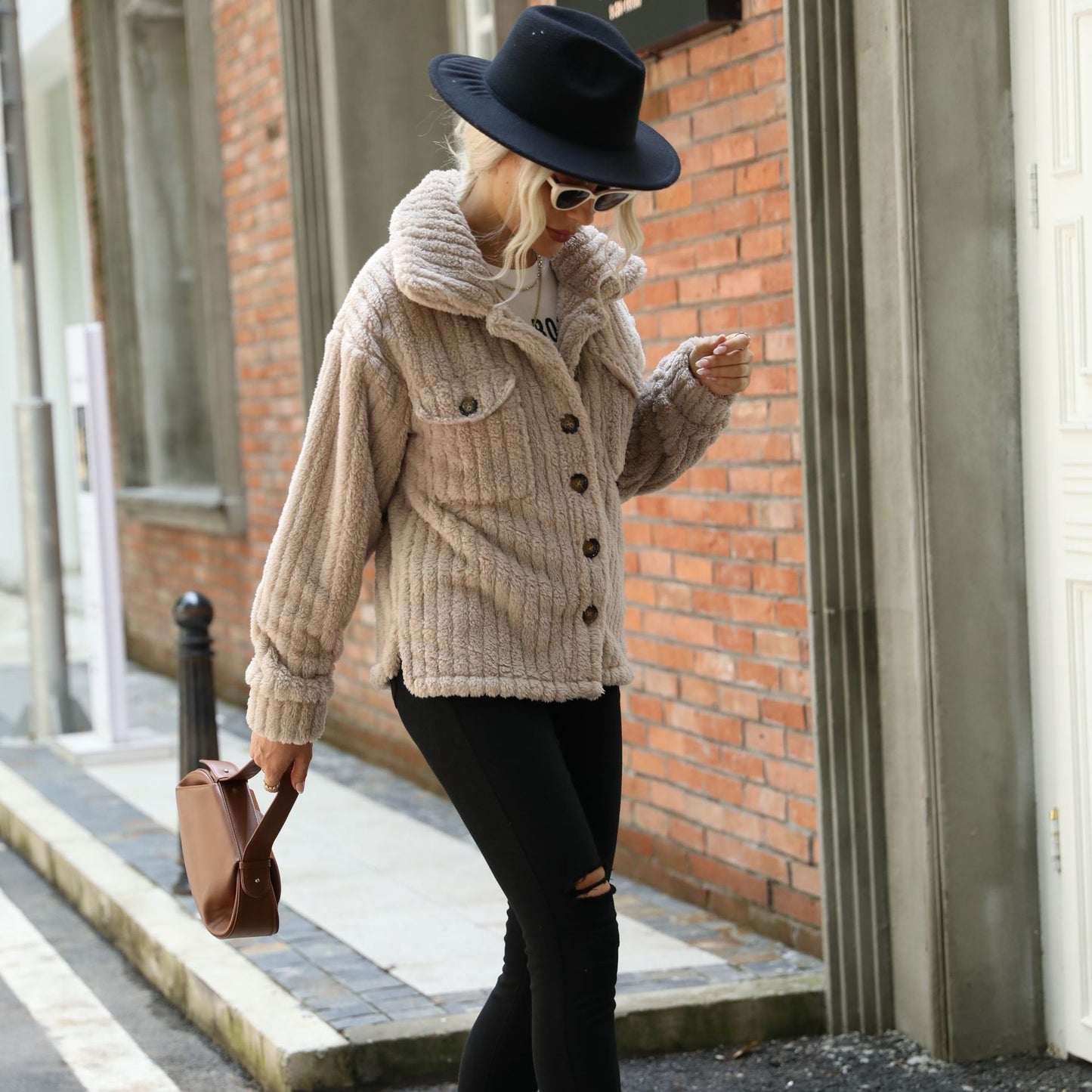 Women's double-sided velvet long-sleeved lapel breasted solid color mid-length plush coat