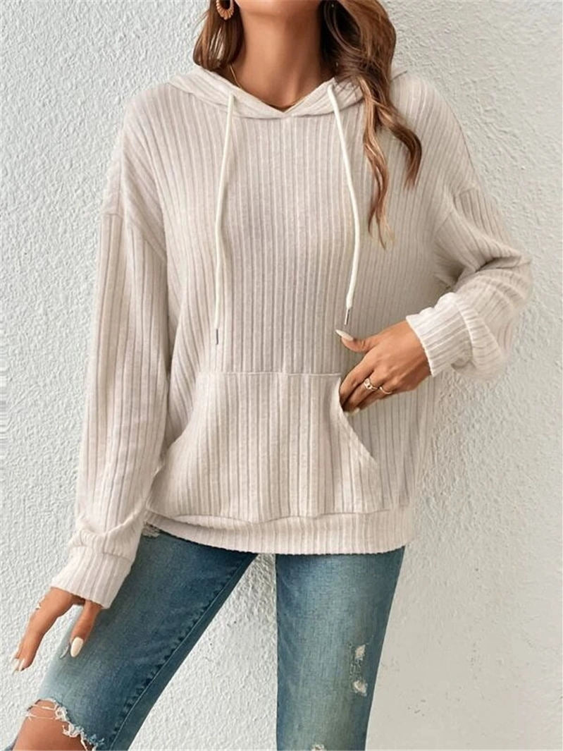 Autumn women tops hooded sunken stripe pocket sweatshirt
