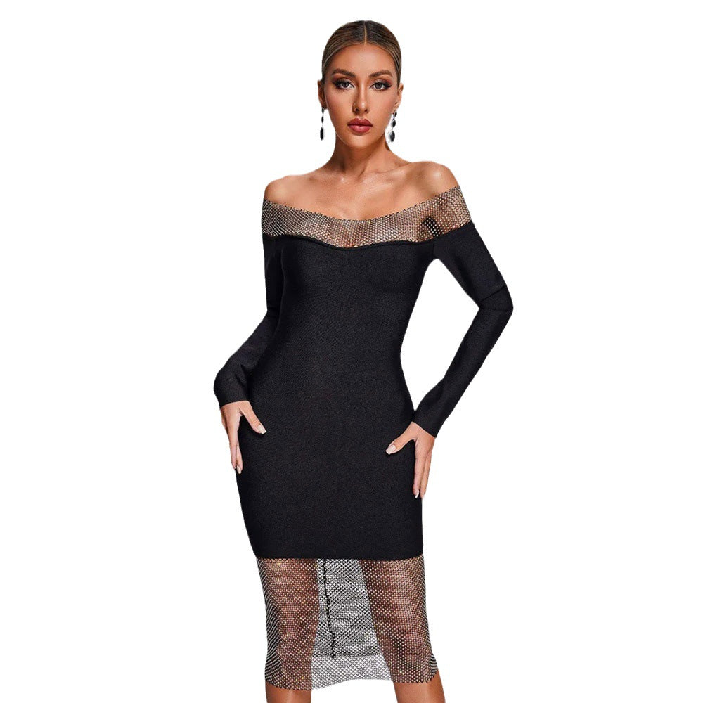 Sexy Off-The-Shoulder Long Sleeve Mesh Diamond Dress Slim Bandage Party