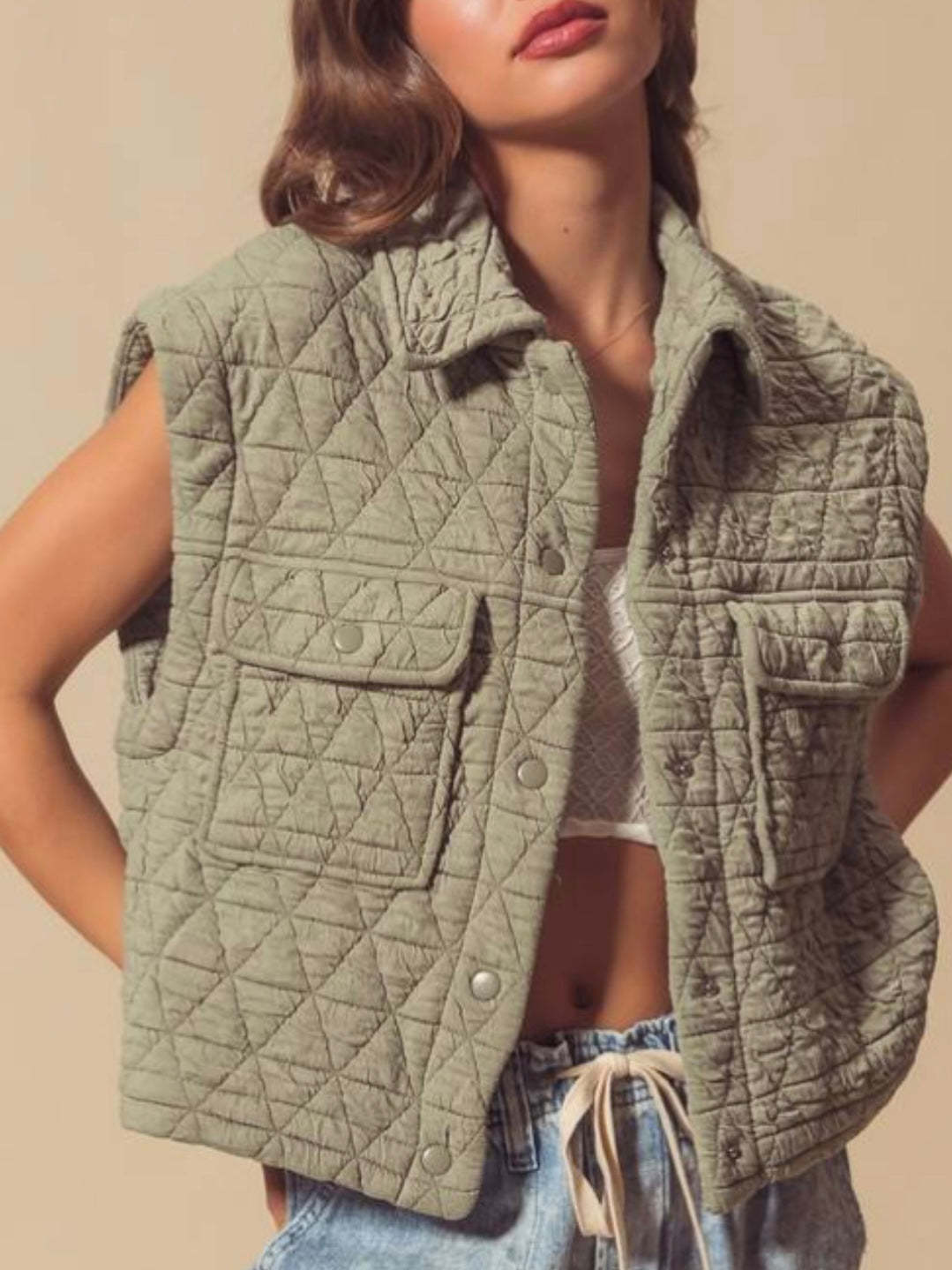 Button pocket lapels quilted winter vest women's clothing