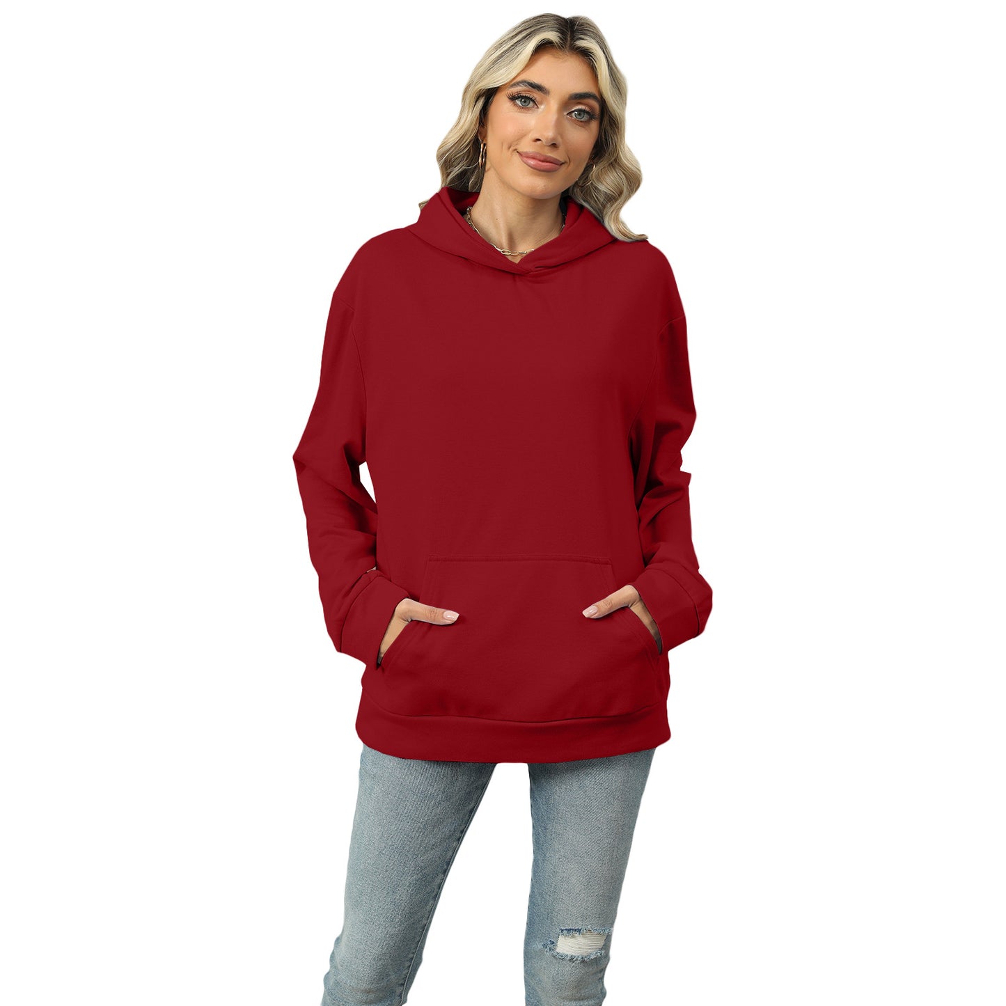 Autumn and Winter leisure hooded pocket sweatshirt solid color pullover women