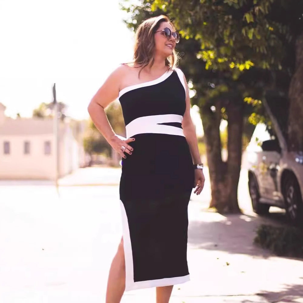 One-shoulder color matching dress waist high-end tight bandage dress