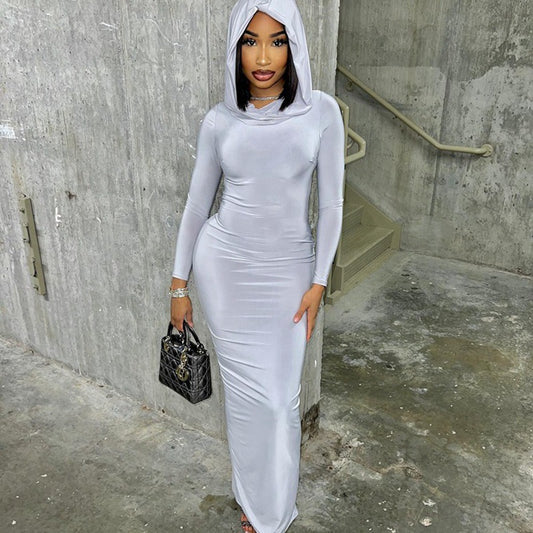 Hooded pure color tight dress long one-step hip skirt long sleeve pullover skirt for women