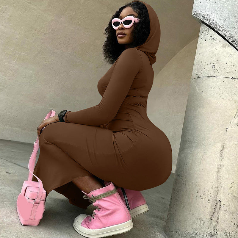 Hooded pure color tight dress long one-step hip skirt long sleeve pullover skirt for women