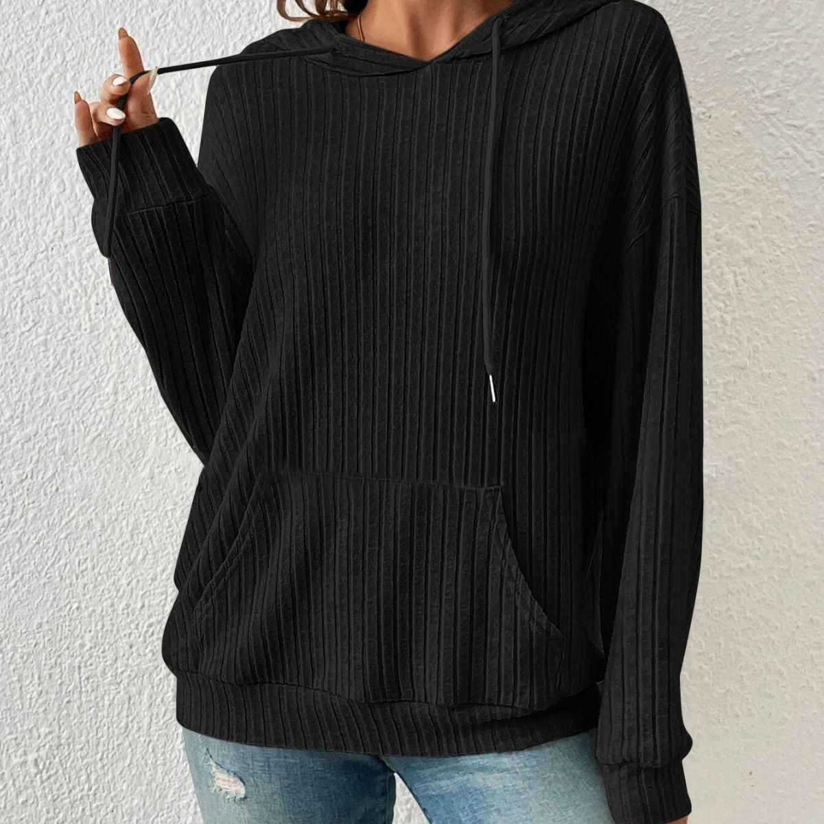 Autumn Winter Coat women's knitwear hooded sunken stripe kangaroo pocket sweatshirt