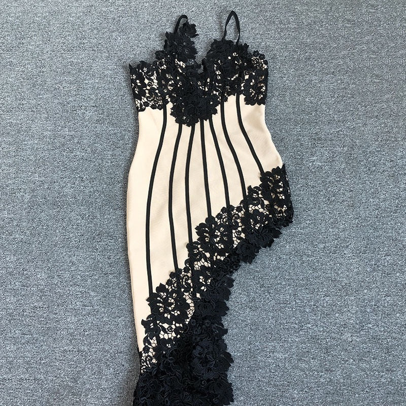 Sexy Sling Lace Trim Oblique Slit Bandage Dress Party