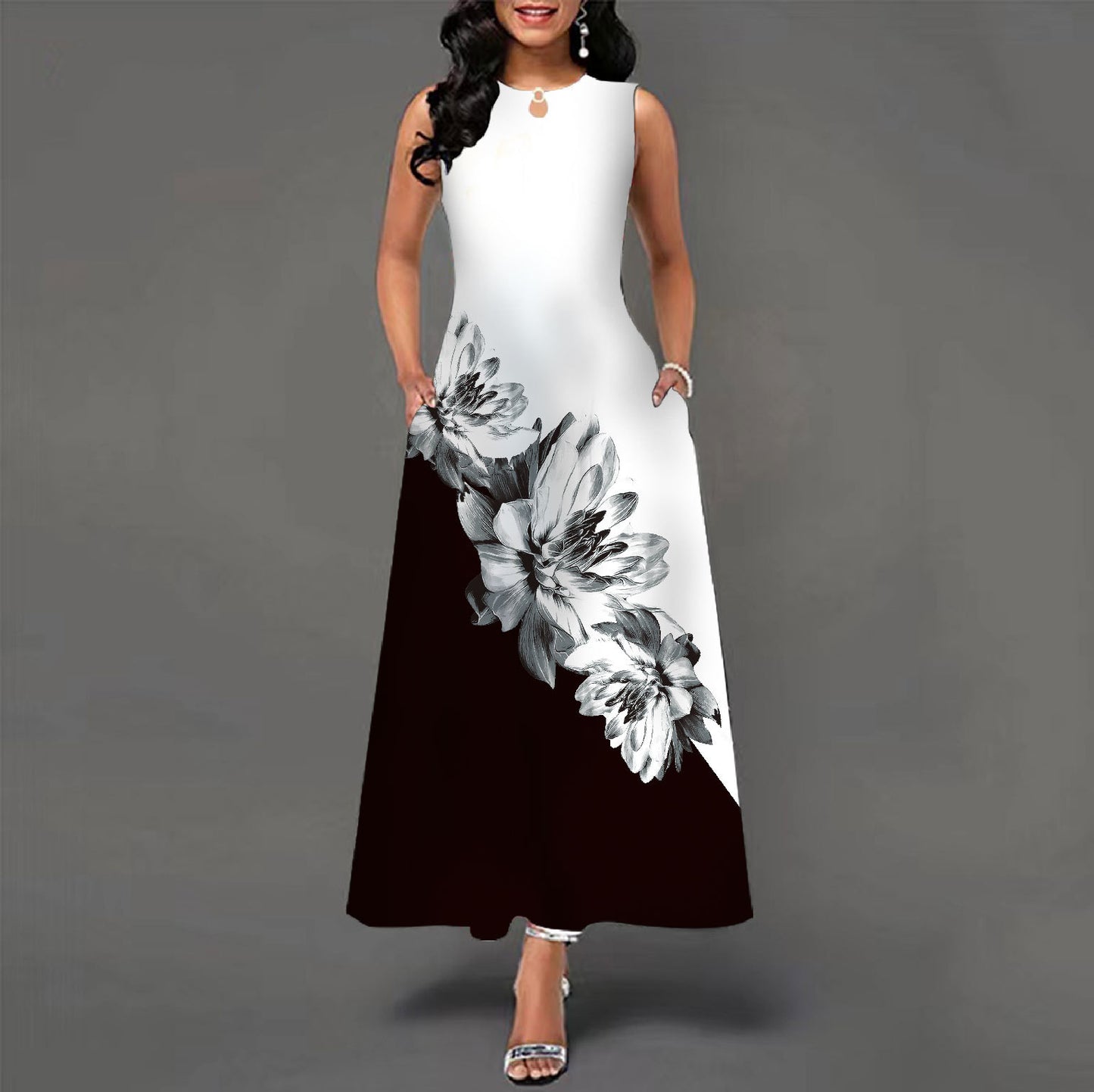 Sleeveless long dress female positioning print big swing skirt bohemian retro long skirt