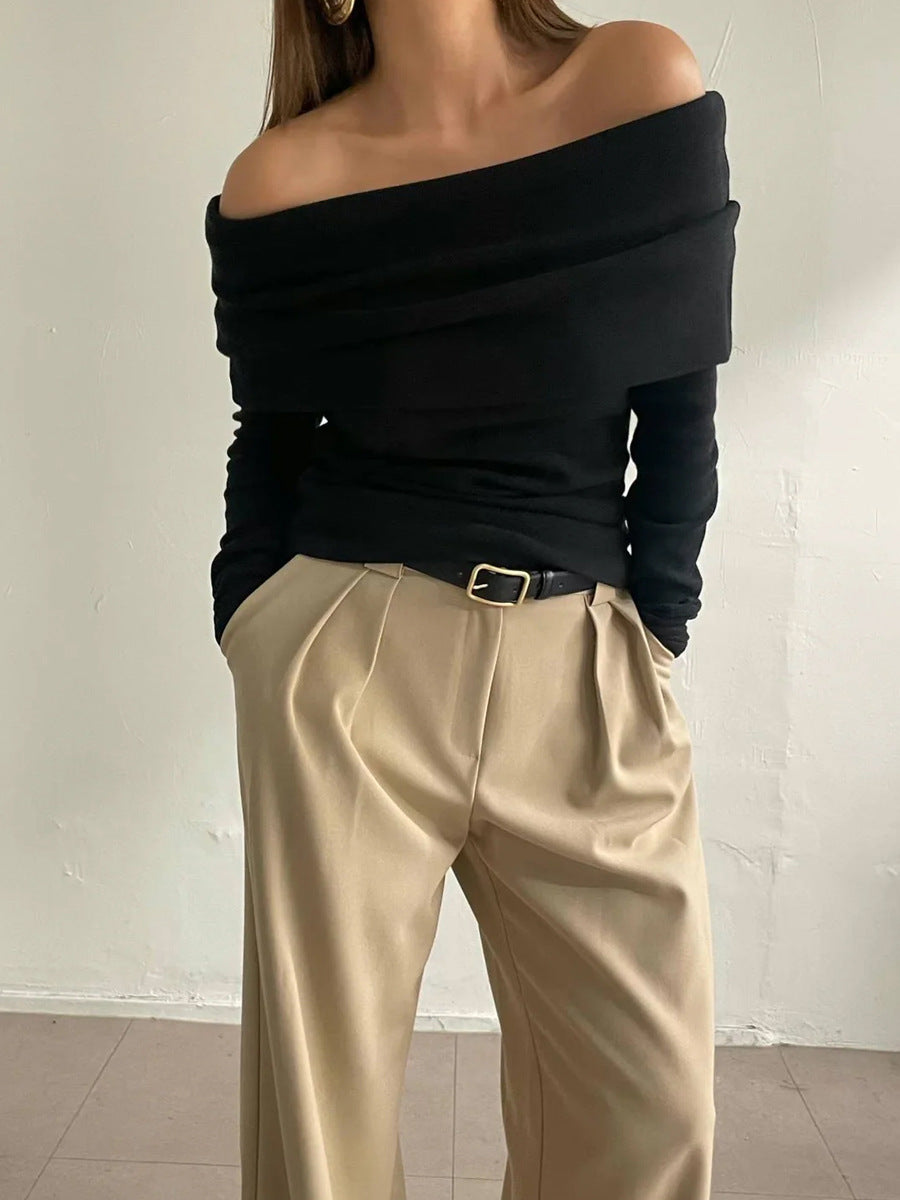 Off-shoulder shoulder-baring T-shirt Slim fit slimming knitted sweater women's pullover