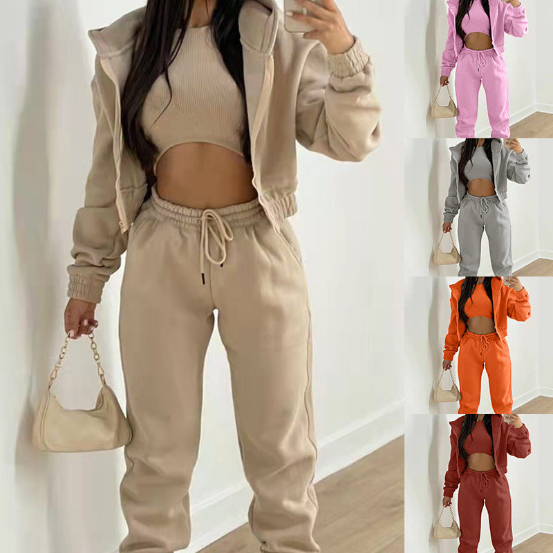 Spring new women's clothing solid color simple hooded sweater sports casual trousers three-piece set
