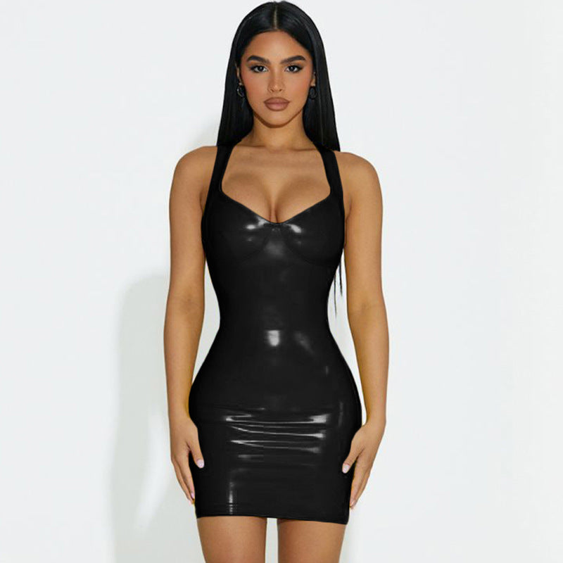 2024 autumn sexy V-neck PU glossy slimming waist-tight hip spaghetti straps dress women's dress