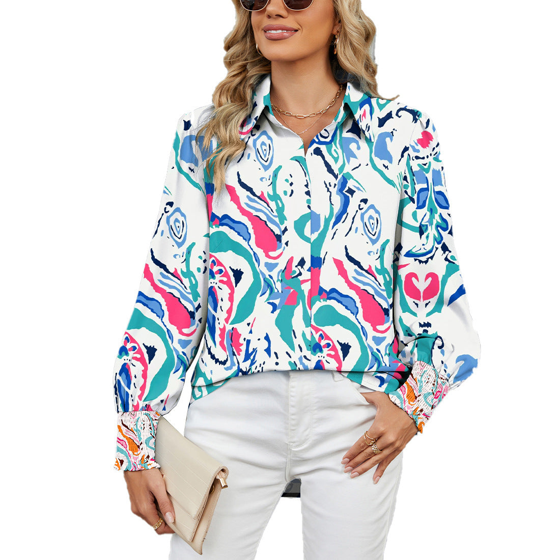 Women's autumn and winter new long-sleeved printed top lapel lantern sleeve shirt