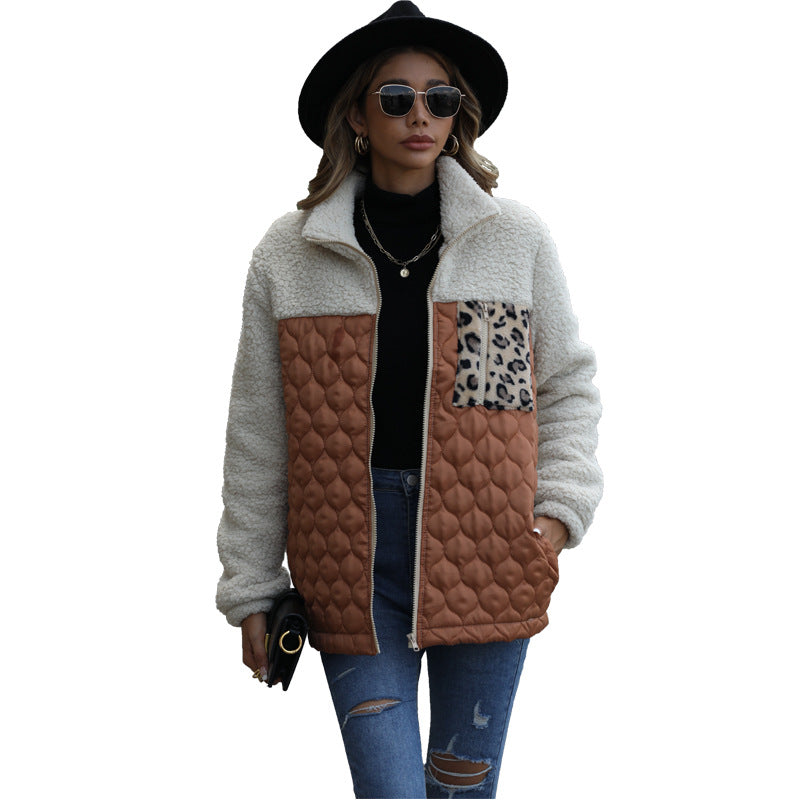 Casual plush women's long-sleeved loose round neck stitching zipper animal pattern double-sided fleece jacket（2025）