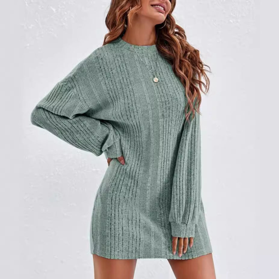 Spring and Autumn women's knitted pullover round neck long sleeve dress