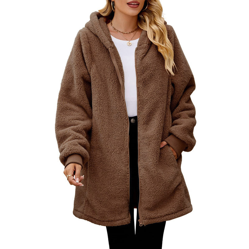 Winter loose plush women's long sleeve hooded zip cardigan coat