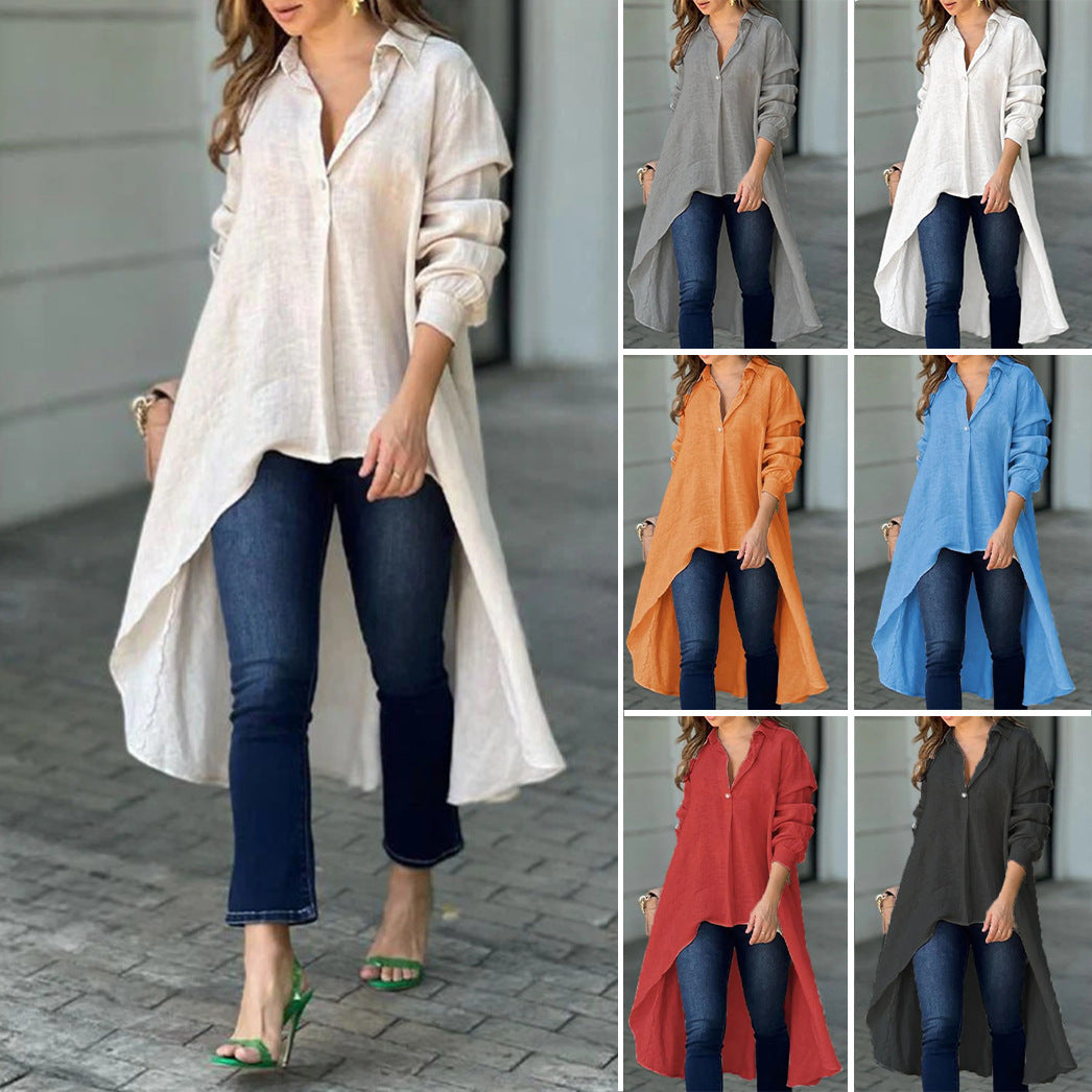 Autumn women's top elegant long sleeve fashion solid color loose lapels shirt Women