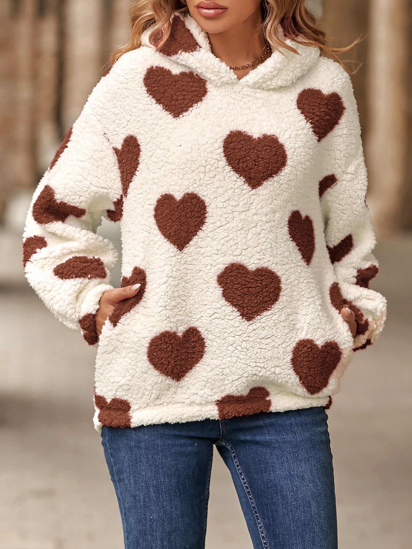 Autumn and Winter plush hooded love printed pullover sweatshirt women