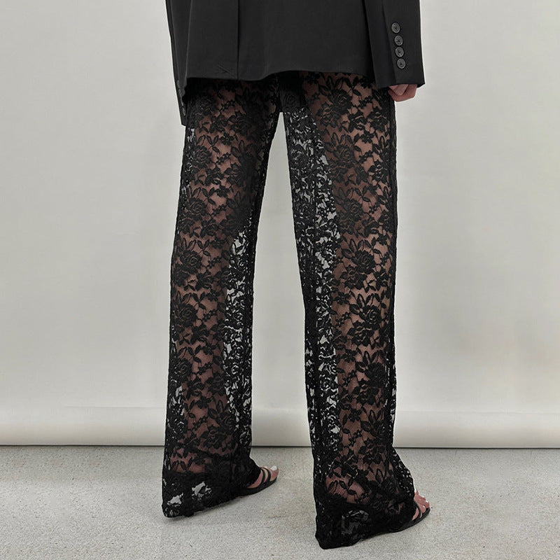 Summer sexy all-match lace see-through high waist stitching long straight-leg pants women's pants