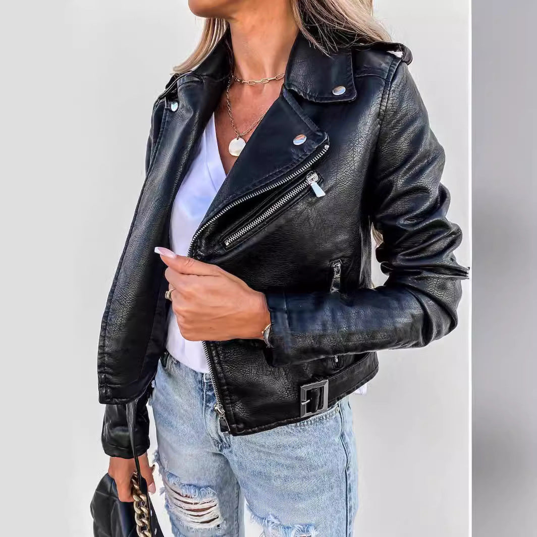 Women's New 2024 jacket PU leather coat motorcycle short zipper