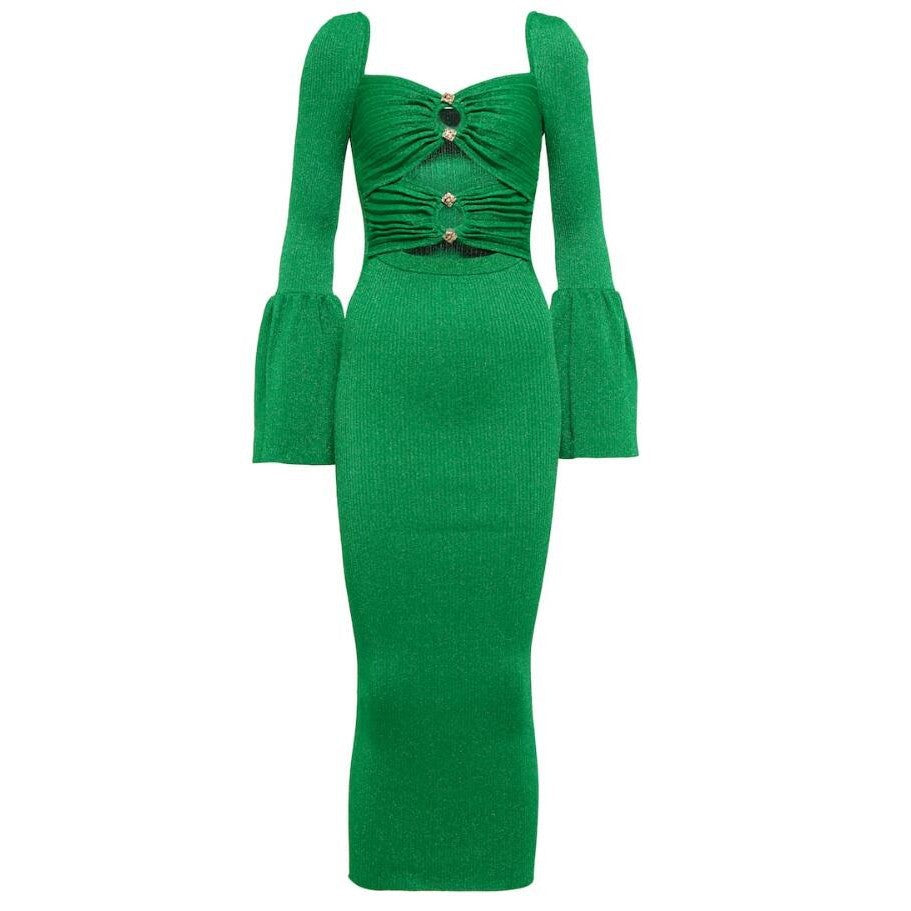 Diamond Bead Wool Knitted Elegant Stacked Sleeves Green Dress