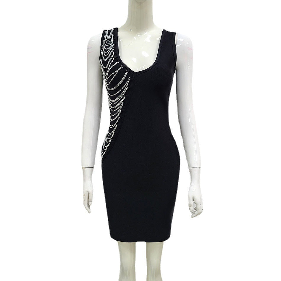 New women's sexy chain vest fashion party dress mini bandage one-piece dress