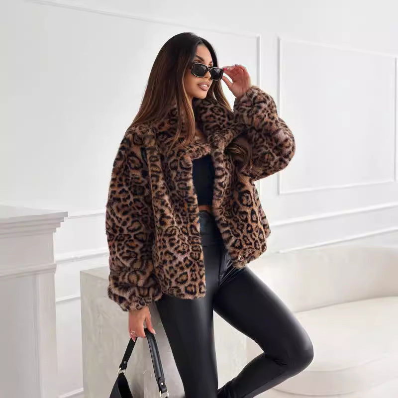 Fashion personality new autumn and winter fluffy leopard print lapel short coat