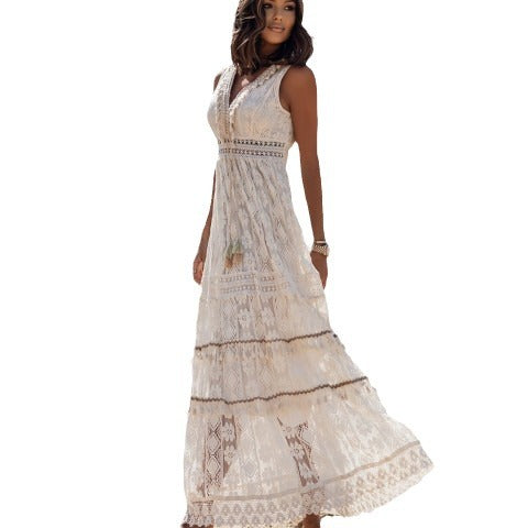 Summer temperament bohemian long dress lace stitching big swing dress