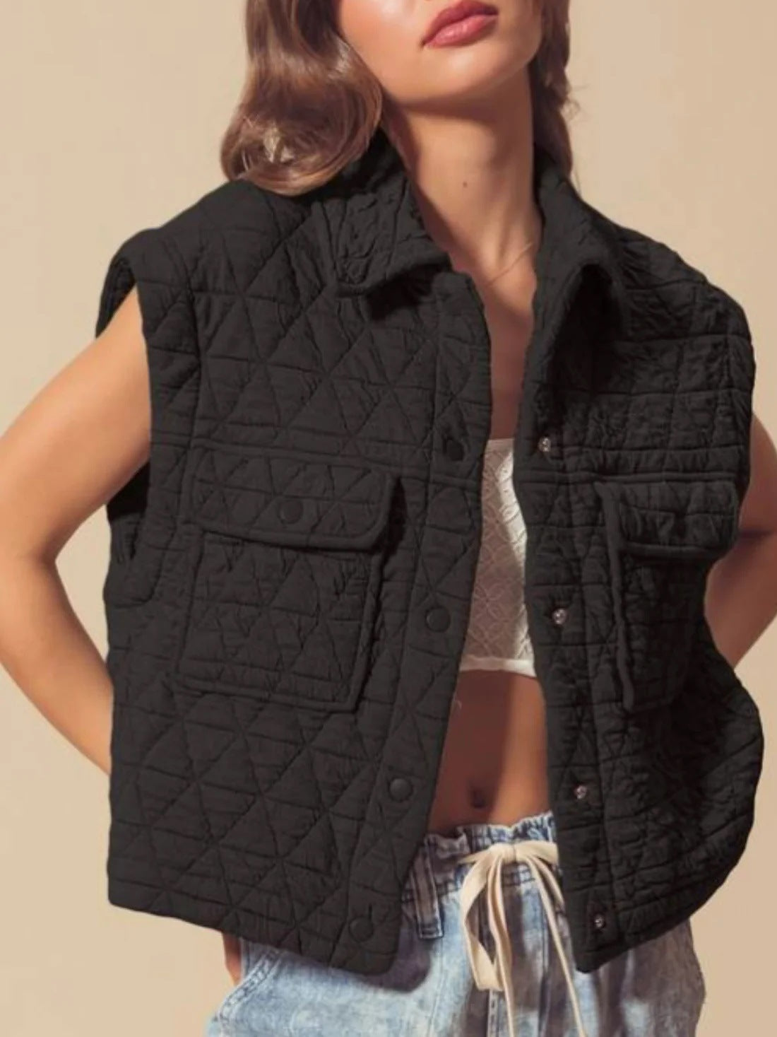 Button pocket lapels quilted winter vest women's clothing