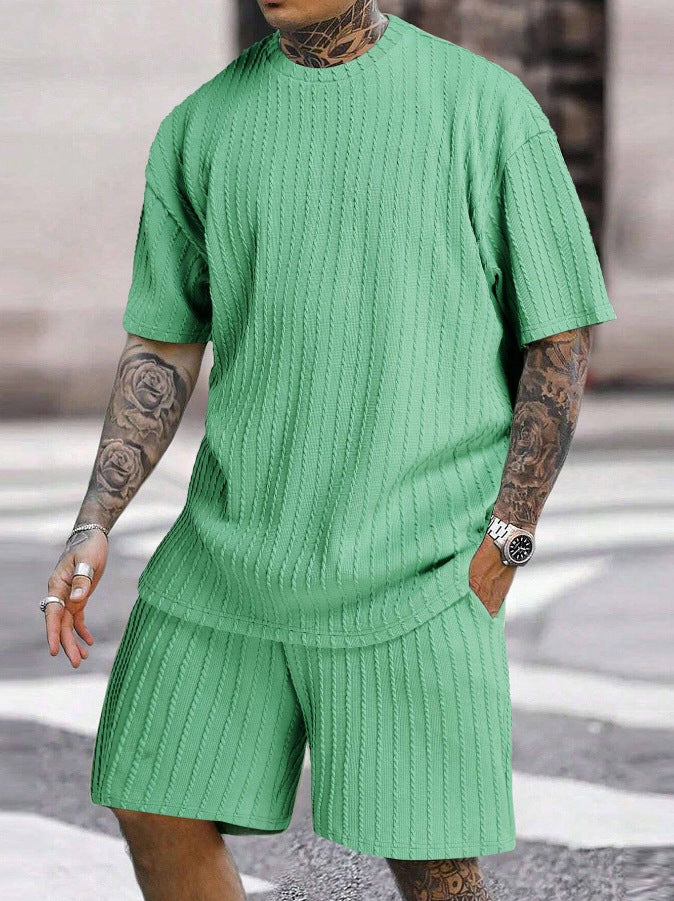 Men's sports solid color round neck pullover vertical T-shirt shorts short sleeves two-piece set