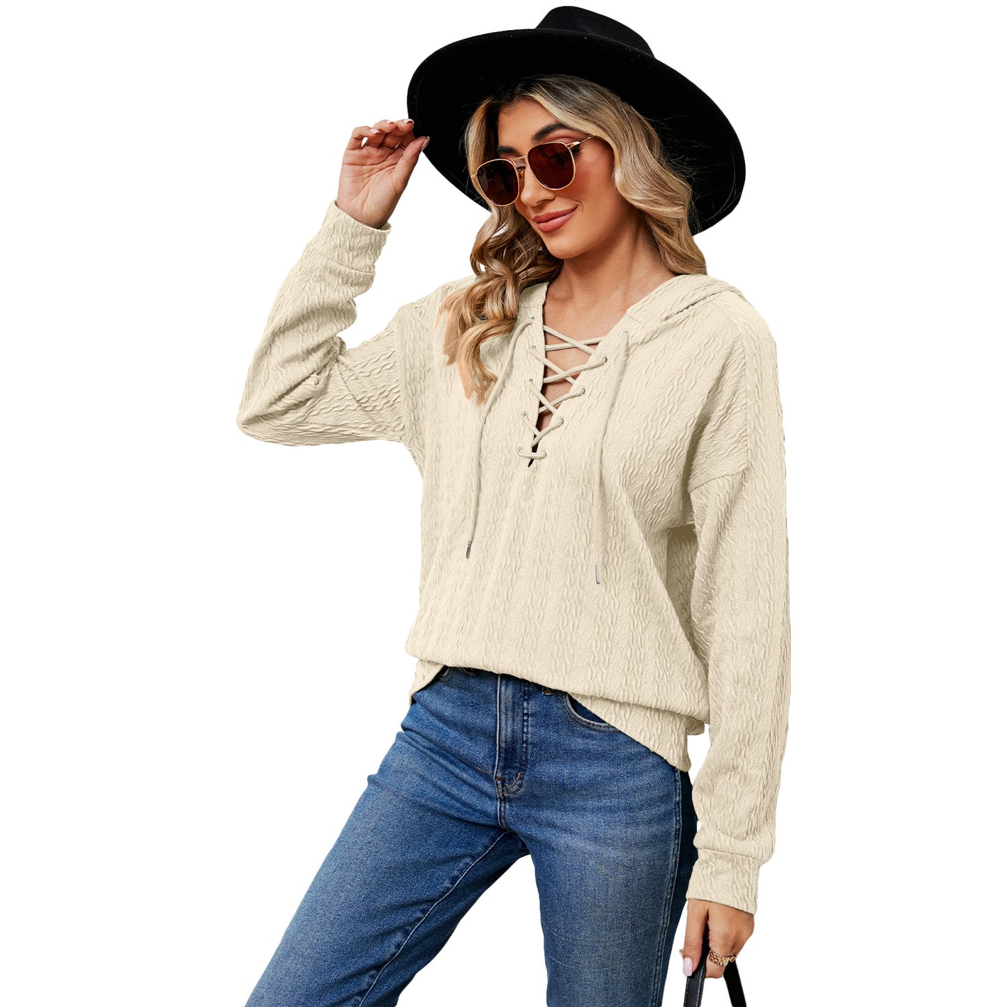 Solid color hooded sweater women's autumn and winter neckline tied long sleeves top