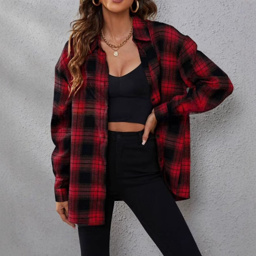 New foreign trade European and American women's shirt lapel single-breasted long-sleeved plaid shirt
