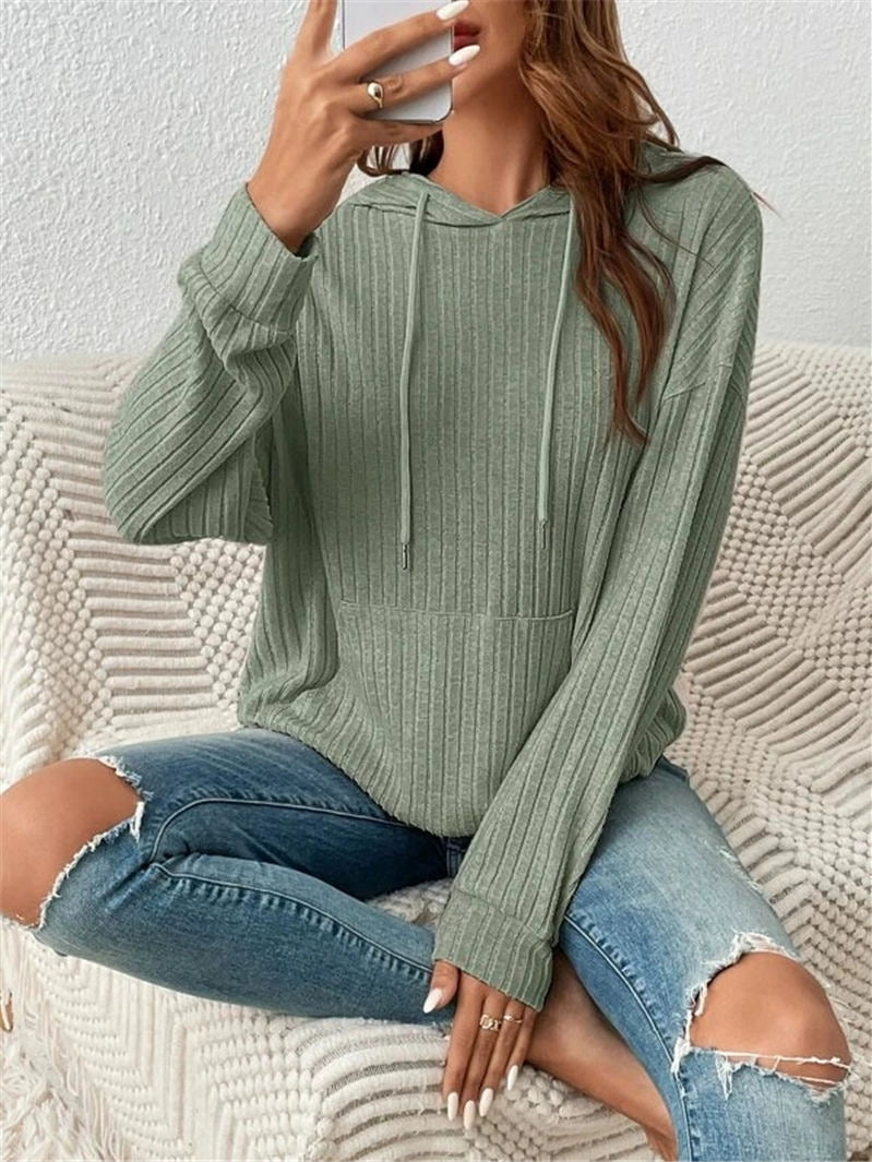 Autumn women tops hooded sunken stripe pocket sweatshirt